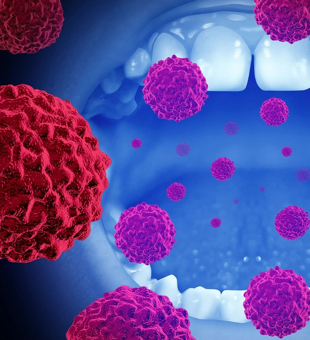 Colorful virus particles floating against blue medical background with teeth illustration.