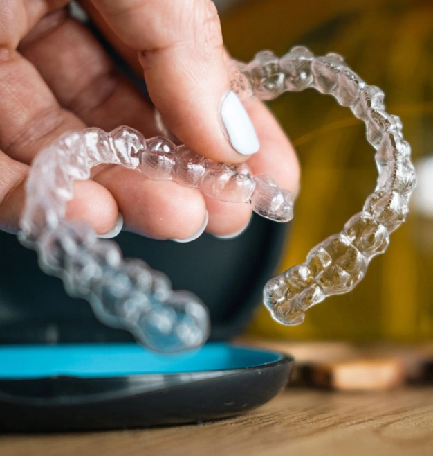 Hand holding clear dental aligners above blue tray in dental office setting.